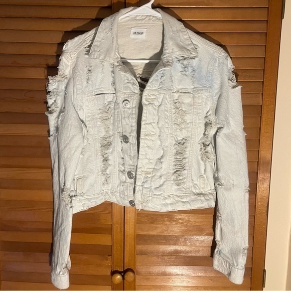 Hudson Garrison Distressed Cropped Denim Jacket Cream Linenwhite Size S Euc